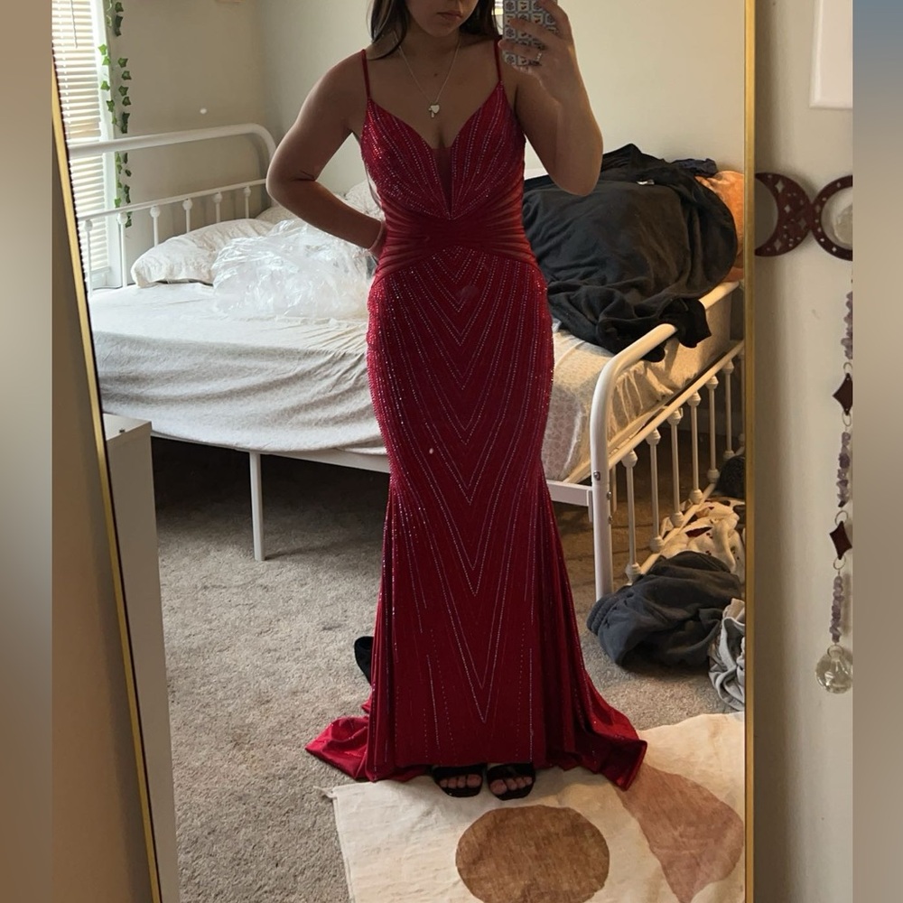 Ellie Wilde Red Rhinestone Prom Dress - Picture 8 of 9